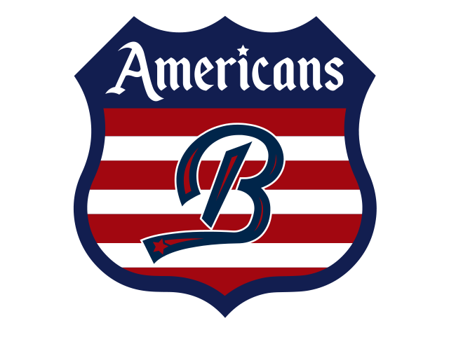 Boston Americans shield logo - red and white striped with navy cursive B